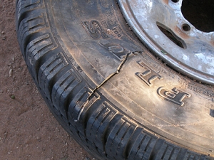 One of the four tyres slashed during the rampage